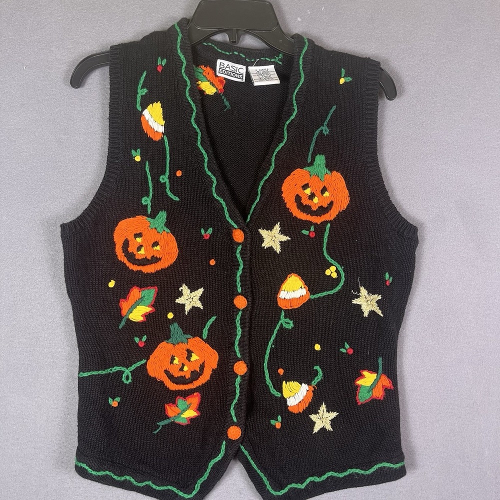 Basic Editions Vintage Halloween Sweater Vest Candy Corn Leaf Pumpkins S